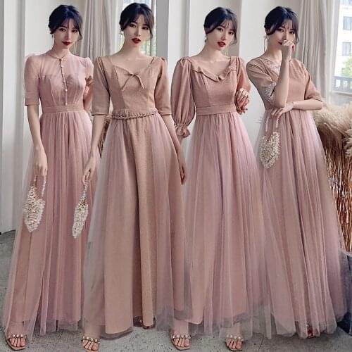 Bridesmaids Dresses Illusion V-Neck Sequined Floor-Length Luxury Pink A-Line Tulle Lace Vintage Women Wedding Party Gown E421