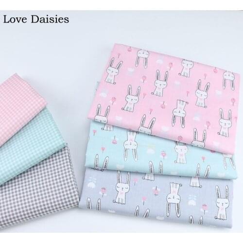 100% cotton twill cloth GRAY PINK GREEN cartoon RABBIT flowers 3 mm check fabrics for DIY bedding dress cushion handwork decor