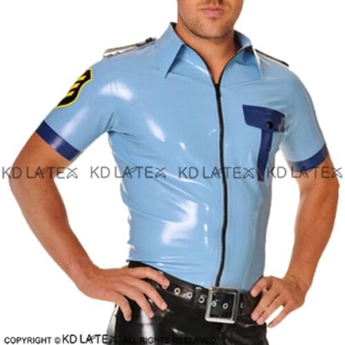 Sexy Military Latex Uniform With Zipper At Front Turn Down Collar Epaulets Rubber Shirt YF-0168