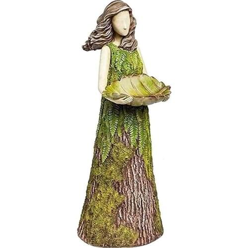 Fairy Garden Statue with Bird Feeder Lawn Resin Ornaments Garden Art Sculptures for Outdoor Decoration
