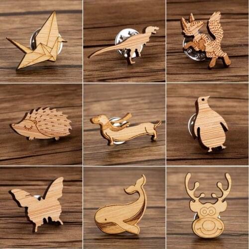 SMJEL Wood Brooch Cartoon Paper Crane Cat Elephant Brooches for Women Jewelry Vintage Animal Enamel Lapel Pin Badge Broches Gift