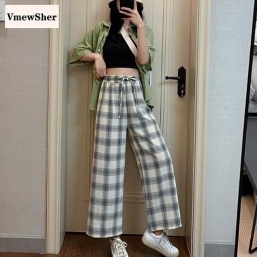 VmewSher New Spring Autumn Women Pants Wide Leg Plaid Bow Elastic High Waist Female Ankle Long Pant Green Loose Casual Trousers