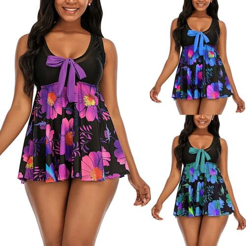 Women Large-Size Suits Swimming Dress Shorts Flower Print Cross Strap Decor Bow Summer Clothing Ladys Swimming Suit Plus Size