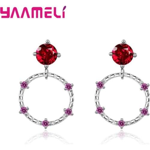 Cheapest Big Discount Price 925 Sterling Silver Earrings Two Color Round Pendant Red Cubic Zircon Crystal For Women Girl
