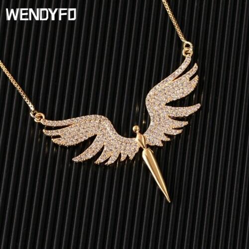 WENDYFO New Fashion Angle Pendants Necklace Women Gold Color Zircon Chain Necklace Angle Female Girls Crystal Charm Jewelry Gift