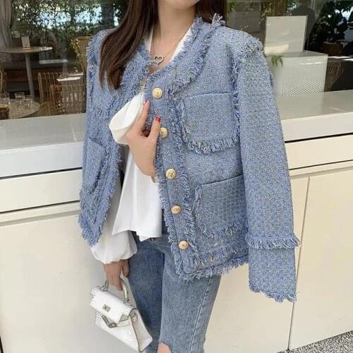 Chic Womens Winter Tweed Fringe Beaded Jacket High Quality Female Blue Woolen Coat
