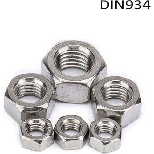 1/2/5/10/25/50/100X M1 M1.2 M1.4 M1.6 M2 M2.5 M3 M3.5 M4 M5 M6 M8 M10 M12 M16 M20 M24 DIN934 304 Stainless Steel Hex Hexagon Nut