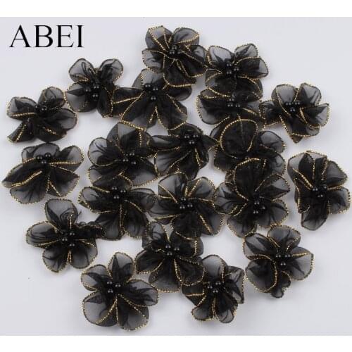 15pcs 4cm High Quality Beaded Black Organza Flower DIY Headwear Jewelry Ornaments Handmade Wedding Party Crafts Decoration
