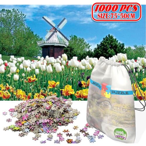 3D Paper Jigsaw Puzzle 1000pcs wooden toys puzzles for adults Educational Toys Decoration Stickers Dutch Windmill Tulip Flowers