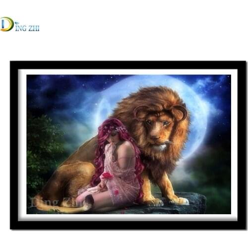 Diamond Embroidery 5D Lion And Woman Diamond Painting Full Square Round Rhinestones Moon Picture Diamond Mosaic Beadwork Beaded