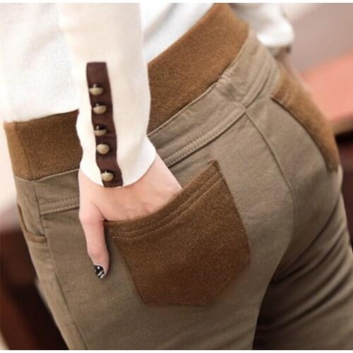 Winter warm women stretch high elastic waist casual cotton pants Plus size S-4XL thick fleece ladies patchwork pencil pants
