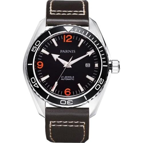 Parnis 43mm Automatic Mechanical Watch Men Ceramic Bezel 5ATM Luxury Busines Sapphire Waterproof Diver Calendar Wristwatch Men