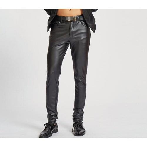 Black fashion motorcycle faux leather pants mens feet pants casual Tight pu trousers for men pantalon homme spring autumn