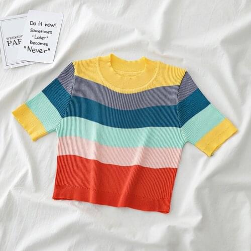 HELIAR Women Knitted Rainbow Strips O-Neck T-shirts Women Summer Short Sleeve Casual Streetwear Crop Tees For Women Tops