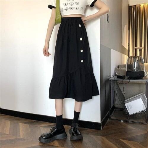 Summer Skirt Solid Button Ruffle Loose A-LINE Skirts Womens 2021korean Fashion High-waisted Skirt Casual Elegant Woman Clothes