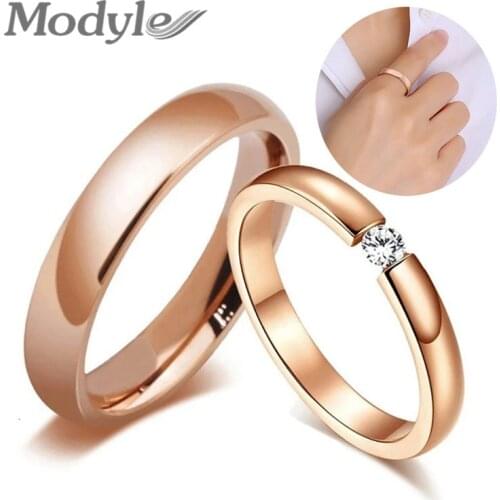 Modyle Trendy Bright Rose Gold Tone Engagement Rings for Couples Stainless Steel with CZ Stone Men Women Wedding Bands
