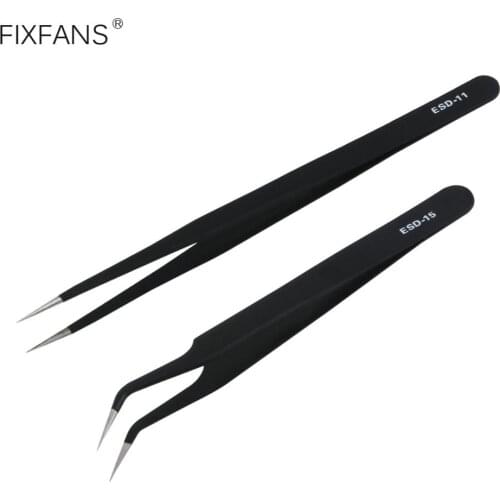 FIXFANS 2Pcs Stainless Steel Curved Straight Black Tweezers Set Nail Art Rhinestones Nipper Picking Tool for Sequins Beads Gems