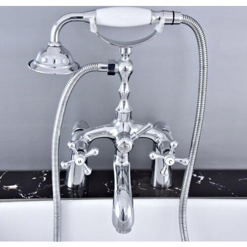 Polished Chrome Deck Mounted Bathroom Tub Faucet Dual Handles Telephone Style Hand Shower Clawfoot Tub Filler atf757