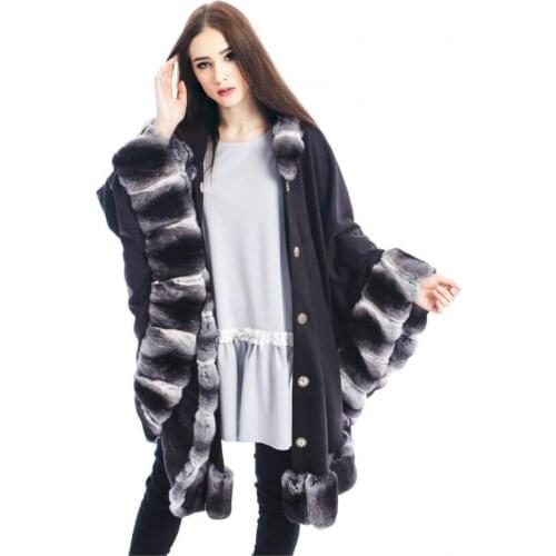 CNEGOVIK Hooded Poncho Women Fashion Cashmere Cardigan With Chinchilla Color Fur Trim