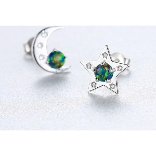 S925 Silver Five-Pointed Star Earrings Colorful Crystal Small Fresh Fashion Moon Star Earrings Jewelry
