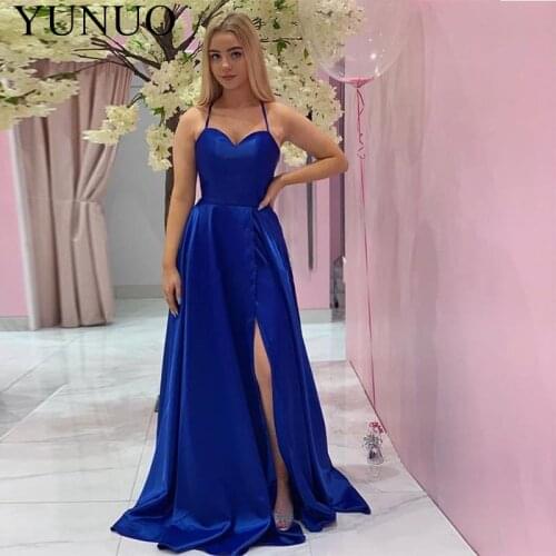 YuNuo Royal Blue Long Evening Dresses 2019 Sleeveless Corset Back Evening Party Gowns with Side Slit Cheap Robes Gala N81