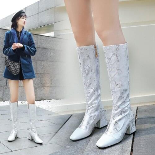 Women Knee High Boots Sexy Snakeskin Riding Zip Women Shoes Square High Heels Women Boots Fashion Shoes Female Party Boot MAZIAO