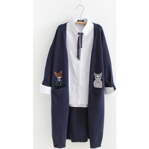 Japanese Mori Girl Autumn Winter Women Long Cardigan Oversized Loose Cat Embroidery Pockets Sweater Cute Kawaii Warm Overcoats