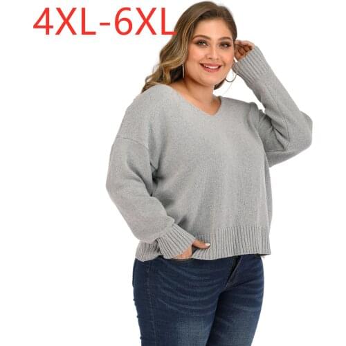New 2021 spring autumn plus size sweater for women large long sleeve loose gray backless knit pullover tops 4XL 5XL 6XL