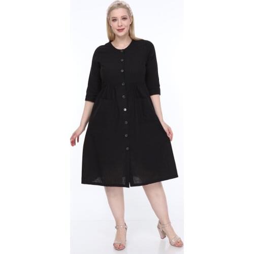 Women Plus Size Pocket Button Detail Three Quarter Sleeve Dress Black L1624