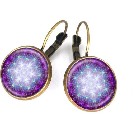 1 pairs/lot wholesale glass cabochon earrings flower of life om symbol buddhism zen henna yoga earring jewelry for women