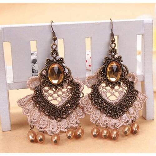 Lady 1 Pair Vintage Hollow Out Lace Rhinestone Earrings Halloween Dangle Earrings All Match Party Jewelry