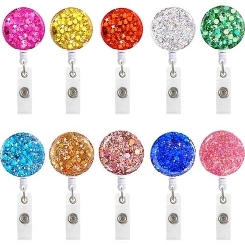 1pc Round Shape Glitter Sequins Badge Reel Retractable Badge Holder Nurse Doctor Id Card Holder Pull Key Chain Office Supplies