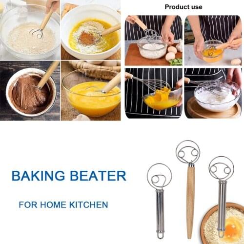 1pcs Baking Beater Wood Handle Flour Mixer 10 Inch Kitchen Baking Flour Mixing Tool Coil Mixing Stick Hand-held Flour Beater