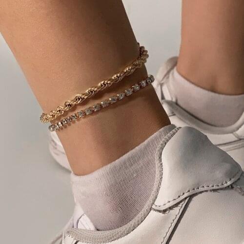MAA-OE New 2020 Summer Beach Gold Silver Color Crystal Rope Shape Metal Anklet Bohemian Handmade Beaded Anklet Jewelry Gift