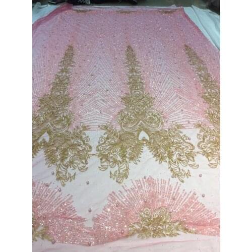 Ap226 # 5 yards pink gold pearls sparkly lovely print glued glitter tulle mesh sugar bridal lace fabric for sawing dress