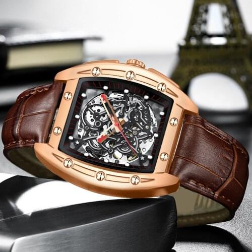 AILANG Hollow Automatic Mechanical Watches Mens Business Luxury Brand Watch Men Fashion Tonneau Sports Wristwatch Relojes Hombre