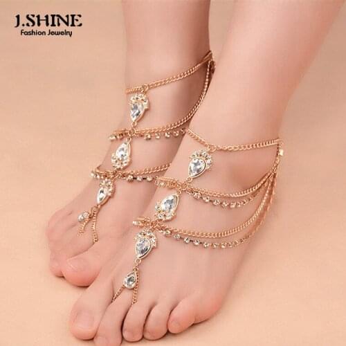 J.Shine Fashion Sexy Multilayer Foot Crystal Chains Beach Water Drop Pendant Sandals Rhinestone Anklet Foot Statement Jewelry