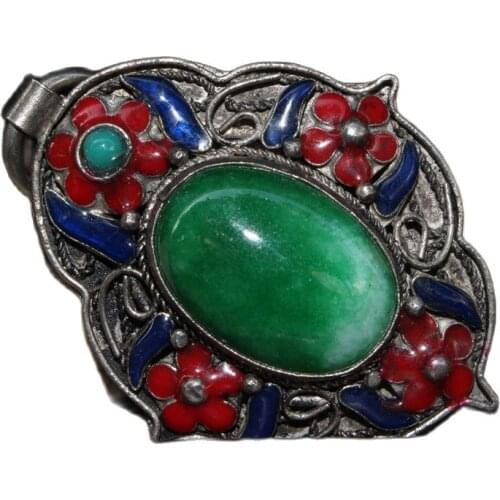 China Old Tibetan Silver Emerald Inlaid Cloisonne Pendant