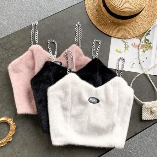 European Summer New Sexy Chain Patchwork Plush All-match Temperament V-neck Camisole Short Bottomed Top Women Fashion Streetwear