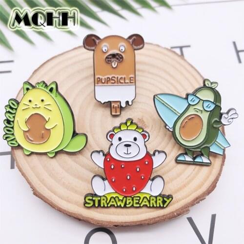 Sweet Cute Animal Pin Cartoon Bear Strawberry Avocado Surfing Love Ice Cream Enamel Brooch Punk Badge Clothes Bags Jewelry Gift