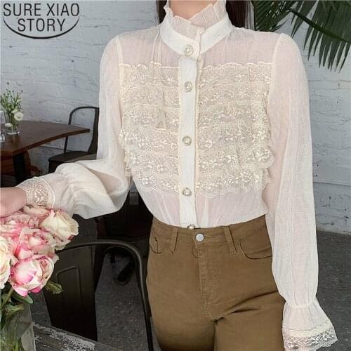 Fashion Patchwork Shirt 2021 Sweet Lace Shirt Women Korean Lace Ruffled Stand Collar Spring Flare Long Sleeve Casual Tops 13298