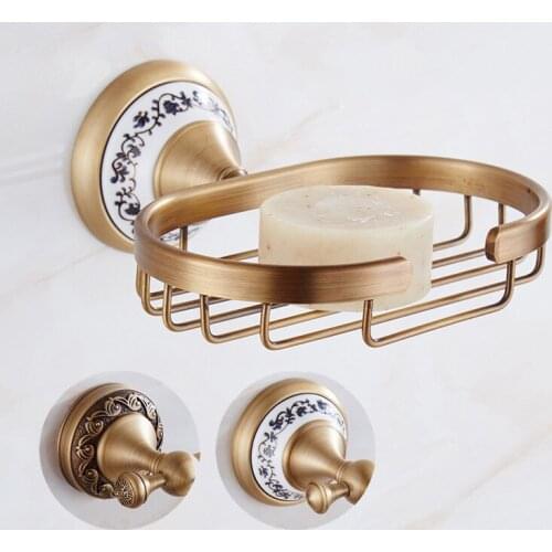 Wall-mounted European Ceramic Antique Soap Dish Brass Soap Net Bathroom Accessories Set Drain Soap Holder