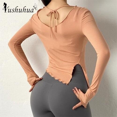 New Sexy Sports Tops For Gym Women long sleeve Bandage fitness Yoga Shirts Slim Side Open Activewear Exercise Running T-shirts