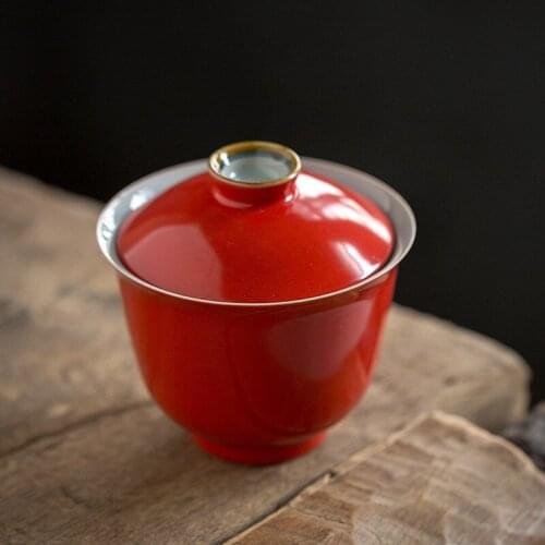 New Chinese Teaset Jingdezhen Sancai Blue Line Coral Red Cover Bowl Thin Tire Kung Fu Tea Set Hand Drawn Embryo Ceramic Tea Bowl