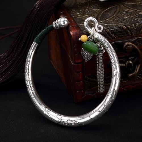 Original design natural Hetian jasper carp lotus bracelet Chinese retro light luxury charm womens brand silver jewelry