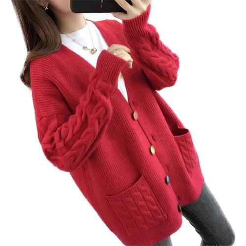 Autumn and winter new Knit cardigan Female Korean style loose wester style jacket Outside pocket twist sweater Wind sweater coat
