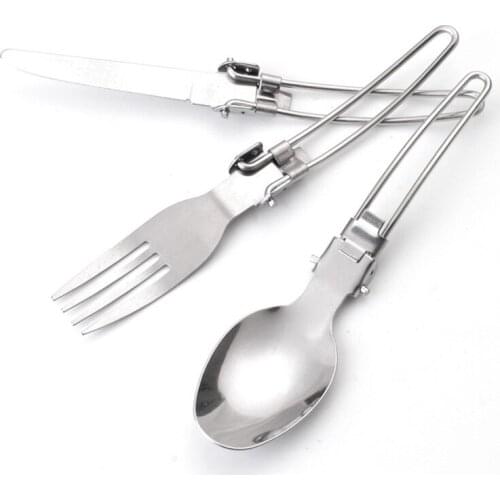 Portable 3pcs Stainless Steel Hiking Camping Folding Knife Fork Spoon Tableware Outdoor Folding Cutlery Set