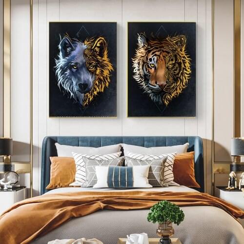 Golden Tiger Deer Head Canvas Poster Painting Prints Animals Nordic Abstract Wall Art Modern Home Decoration Living Room Picture