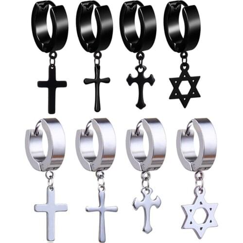 1pc Black Silver Color Cross Drop Dangle Earrings Men Women Titanium Stainless Steel Stud Ear Piercing Gothic Punk Rock Jewelry