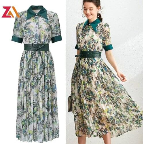 ZALady Pleated midi Dress Summer Women Turn Down Collar Vintage Ffloral Printed Short Sleeved beach Belted Elegant Ladies Dress
